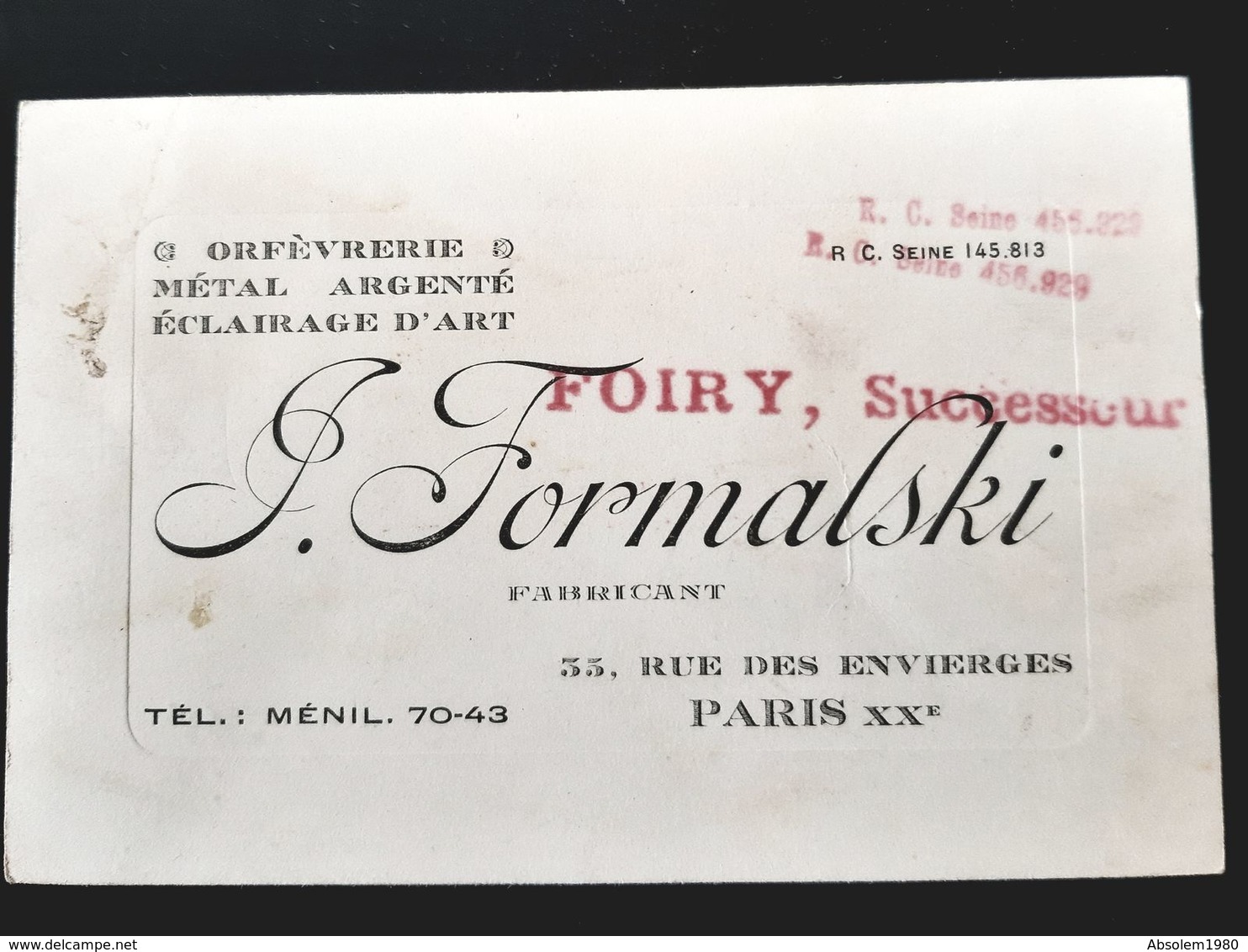 CARTE VISITE FORMALSKI ANCIENNE ORFEVRERIE ECLAIRAGE D'ART FABRICANT FOIRY SUCCESSEUR RUE DES ENVIERGES PARIS 20 ORFEVRE - Visitekaartjes