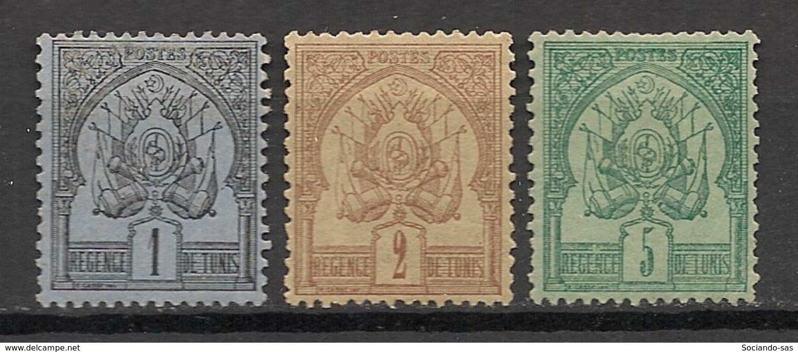 Tunisie - 1888-1893 - N°Yv. 1 - 2 - 3 - Armoiries 1c / 2c / 5c - Neuf * / MH VF - Neufs