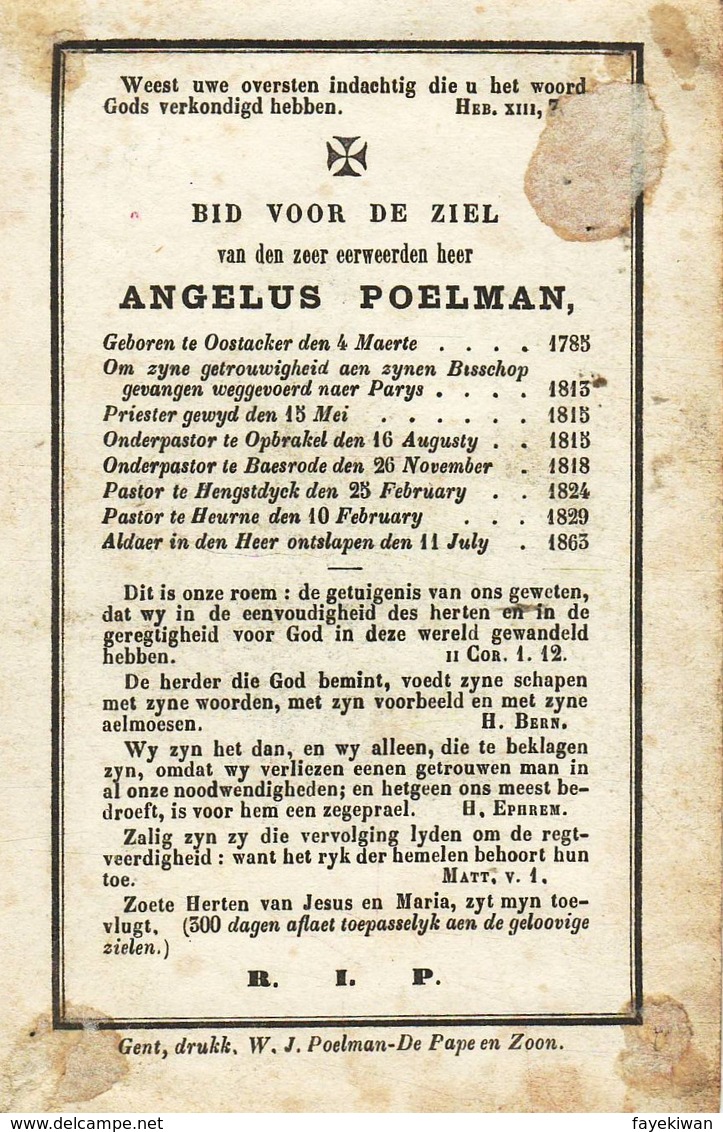 Opbrakel-Baesrode Onderpastoor" Heynsdijck En Heurne Pastor " 1785- 1863 - Angelus Poelman - Images Religieuses