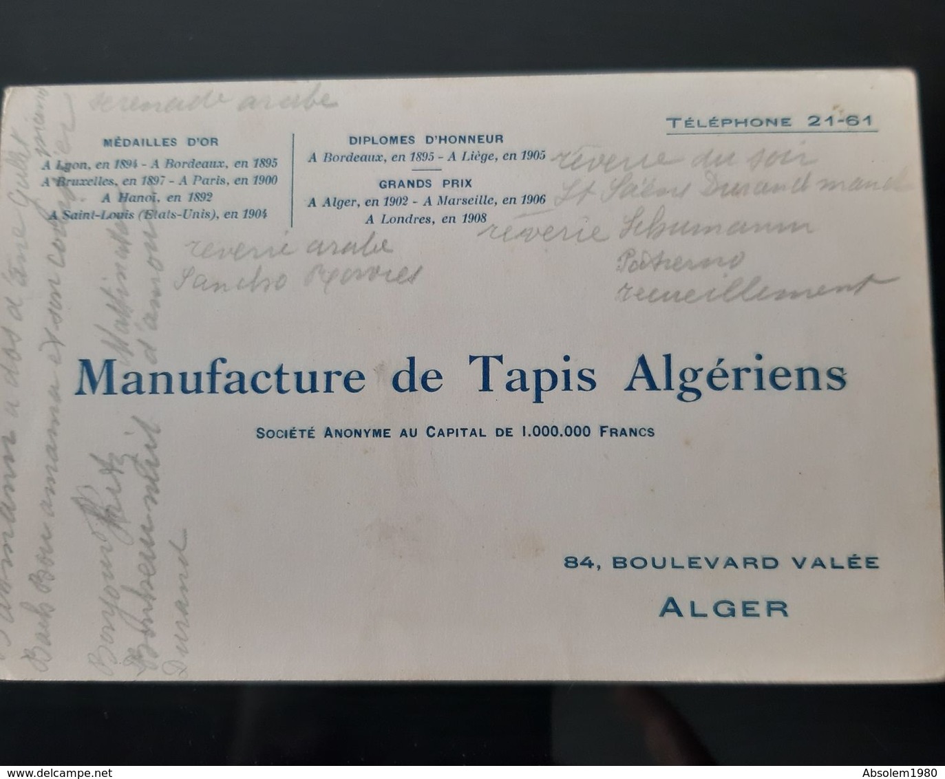 CARTE VISITE TAPIS ALGERIENS ALGER PUBLICITAIRE ILLUSTREE MANUFACTURE  BOULEVARD VALEE ALGERIE AFRIQUE DU NORD COMMERCE - Cartoncini Da Visita