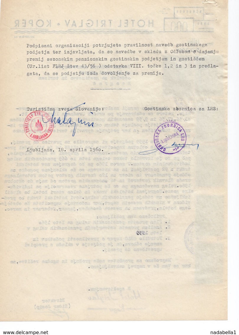 1960 YUGOSLAVIA, SLOVENIA, KOPER, HOTEL TRIGLAV, LETTERHEAD, MEMORANDUM - Other & Unclassified