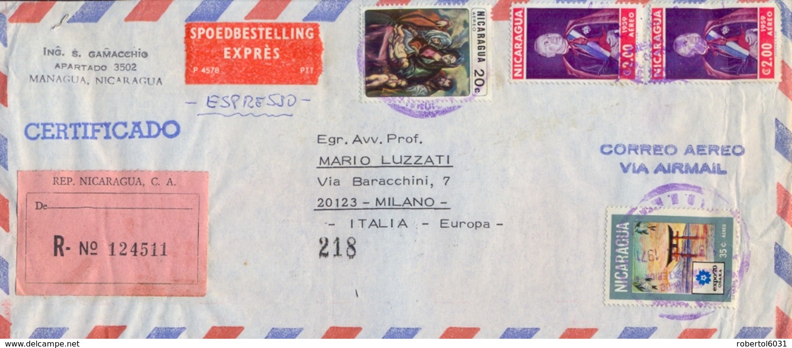 Nicaragua 1971 Registered Express Airmail Cover To Italy With 20 C. El Greco + 35 C. Osaka Expo + 2 X 2 Cor. Spellman - Nicaragua