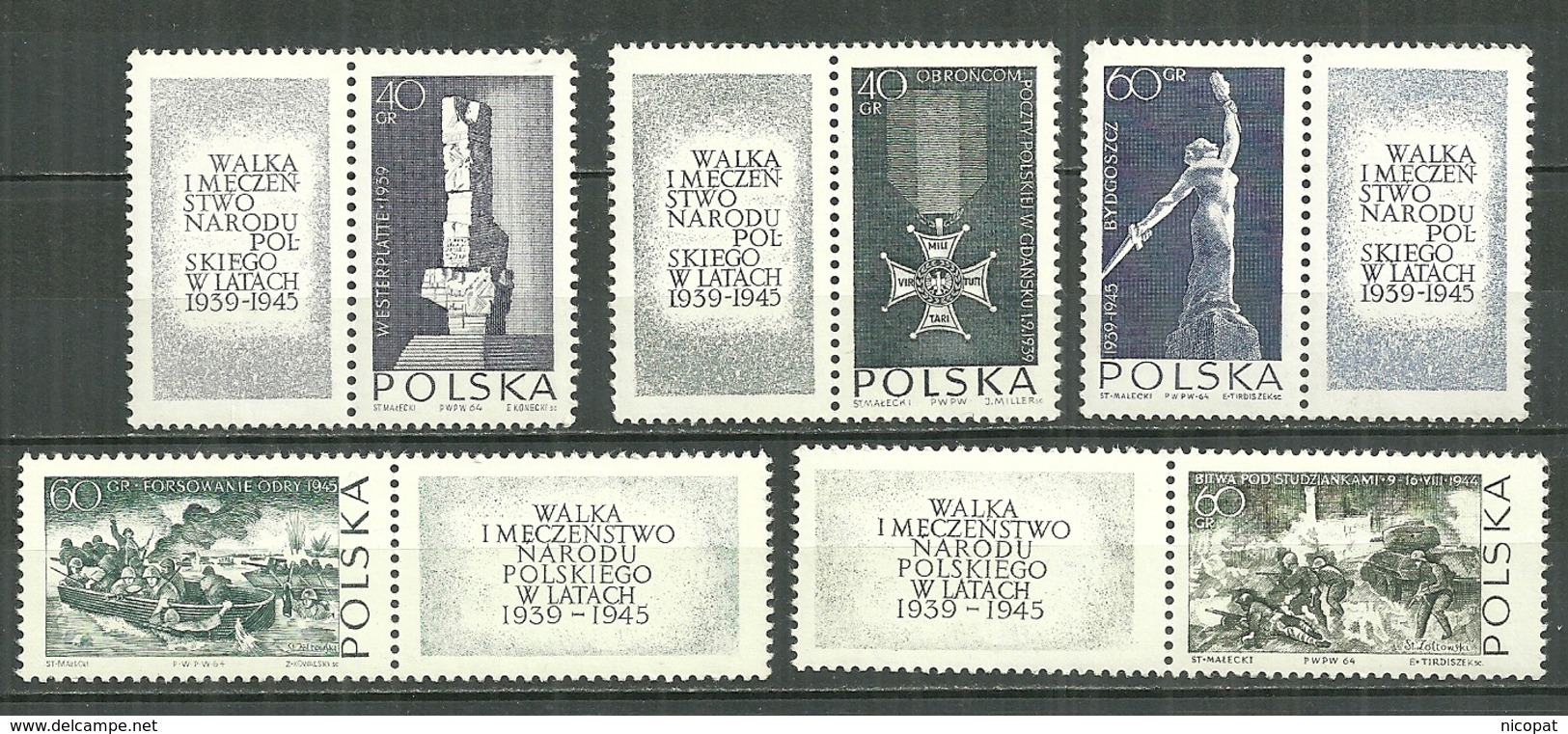 POLAND MNH **1389-1393 Avec Vignette Lutte Contre Le Martyre Croix Médaille Monument Westerplatte Danzig Bydgoszcz - Neufs