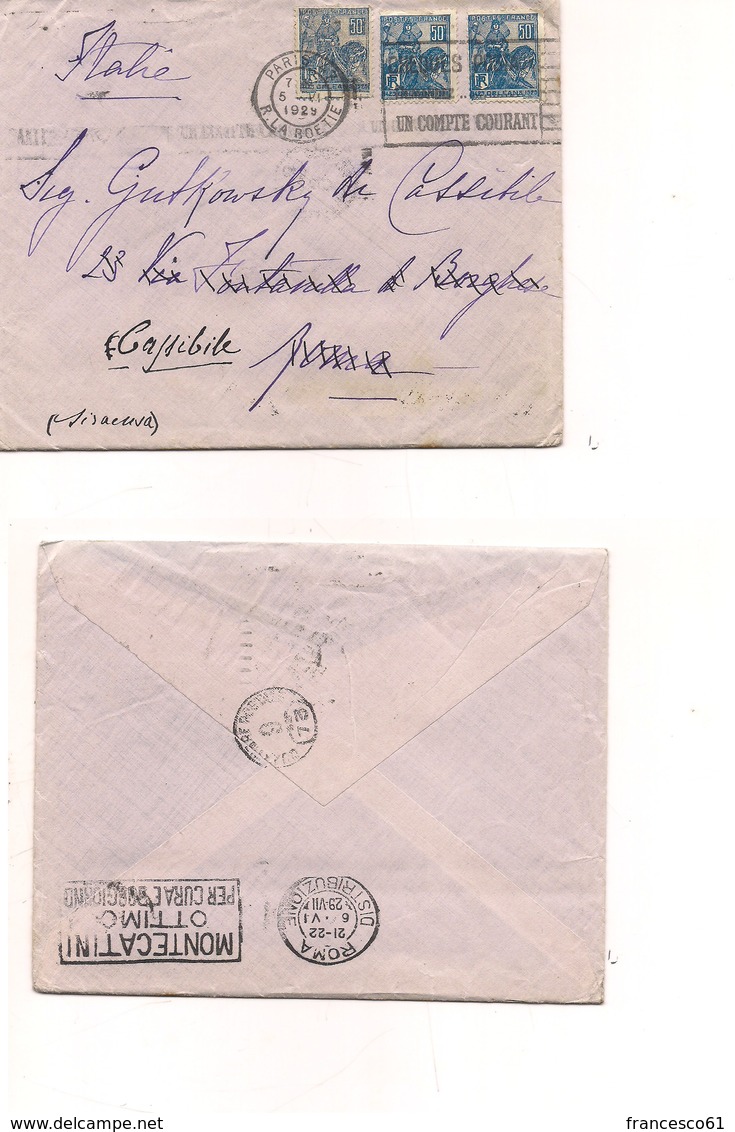 2946) FRANCIA 1929 Cover 50cx3 Due Colori Diversi Cover To Italy - Storia Postale