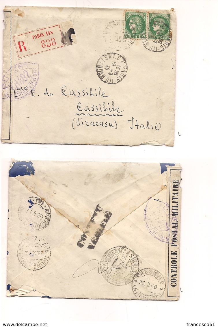 2948) FRANCIA 1940 Registered Cover 2,50frx2 To Italy Censura Militare - Storia Postale