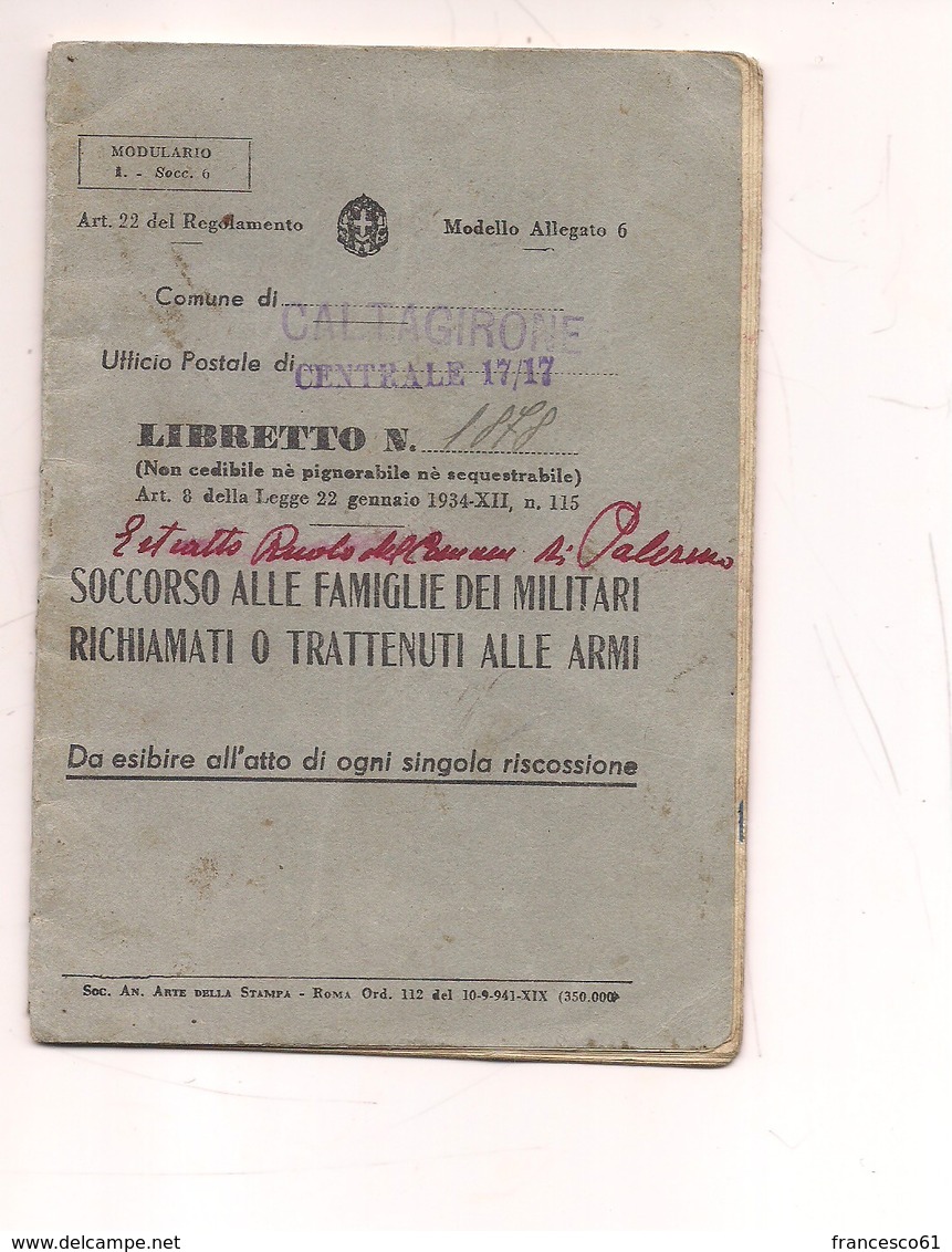 2951) Ww2 Caltagirone 1942-43 Libretto Completo Soccorso Famiglie Militari - Non Classificati