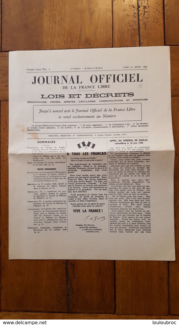 JOURNAL OFFICIEL DE LA FRANCE LIBRE 20 JANVIER 1941 A TOUS LES FRANCAIS GENERAL DE GAULLE FEUILLET 4 PAGES - 1939-45