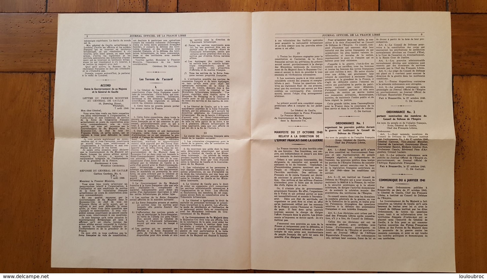 JOURNAL OFFICIEL DE LA FRANCE LIBRE 20 JANVIER 1941 A TOUS LES FRANCAIS GENERAL DE GAULLE FEUILLET 4 PAGES - 1939-45