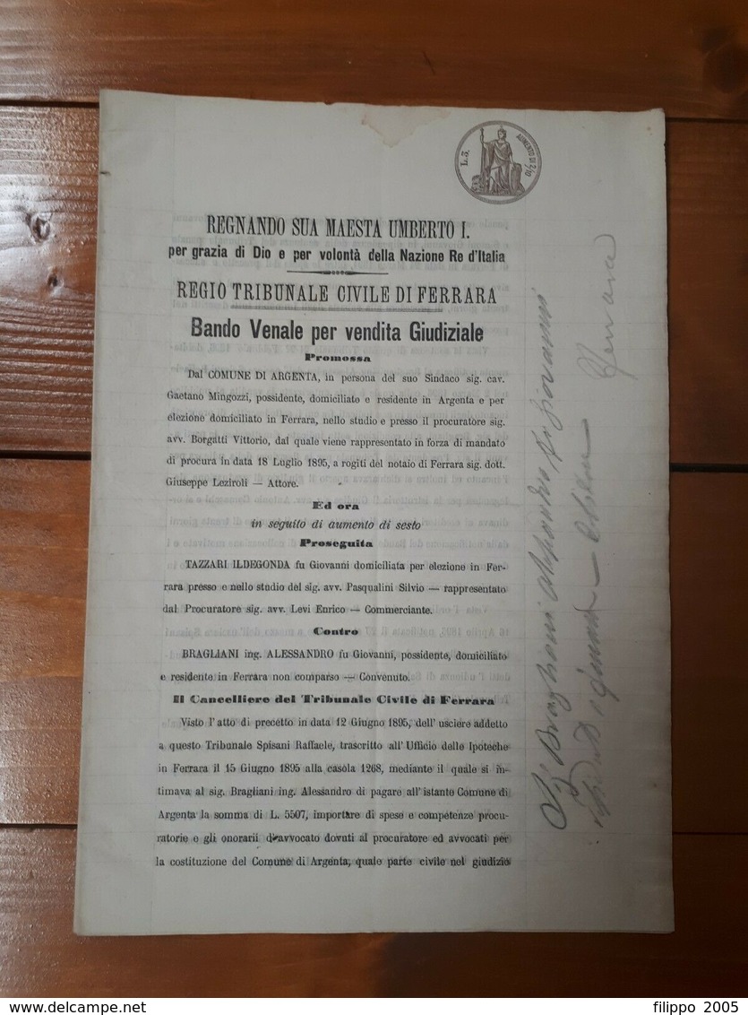 1896 - ARGENTA - BANDO VENALE PER VENDITA GIUDIZIALE SU CARTA BOLLATA- Ferrara - Non Classificati