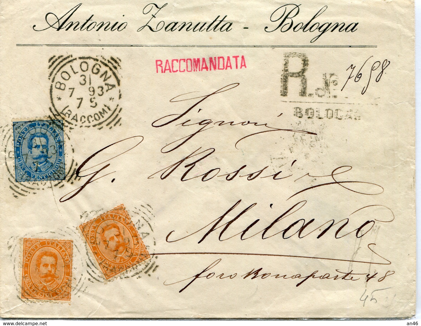 STORIA POSTALE-REGNO D'ITALIA-UMBERTO I-SU BUSTA RACCOMANDATA Vg1893-3 Valori 1 +2-VAL.CAT.47 €-. - Posta