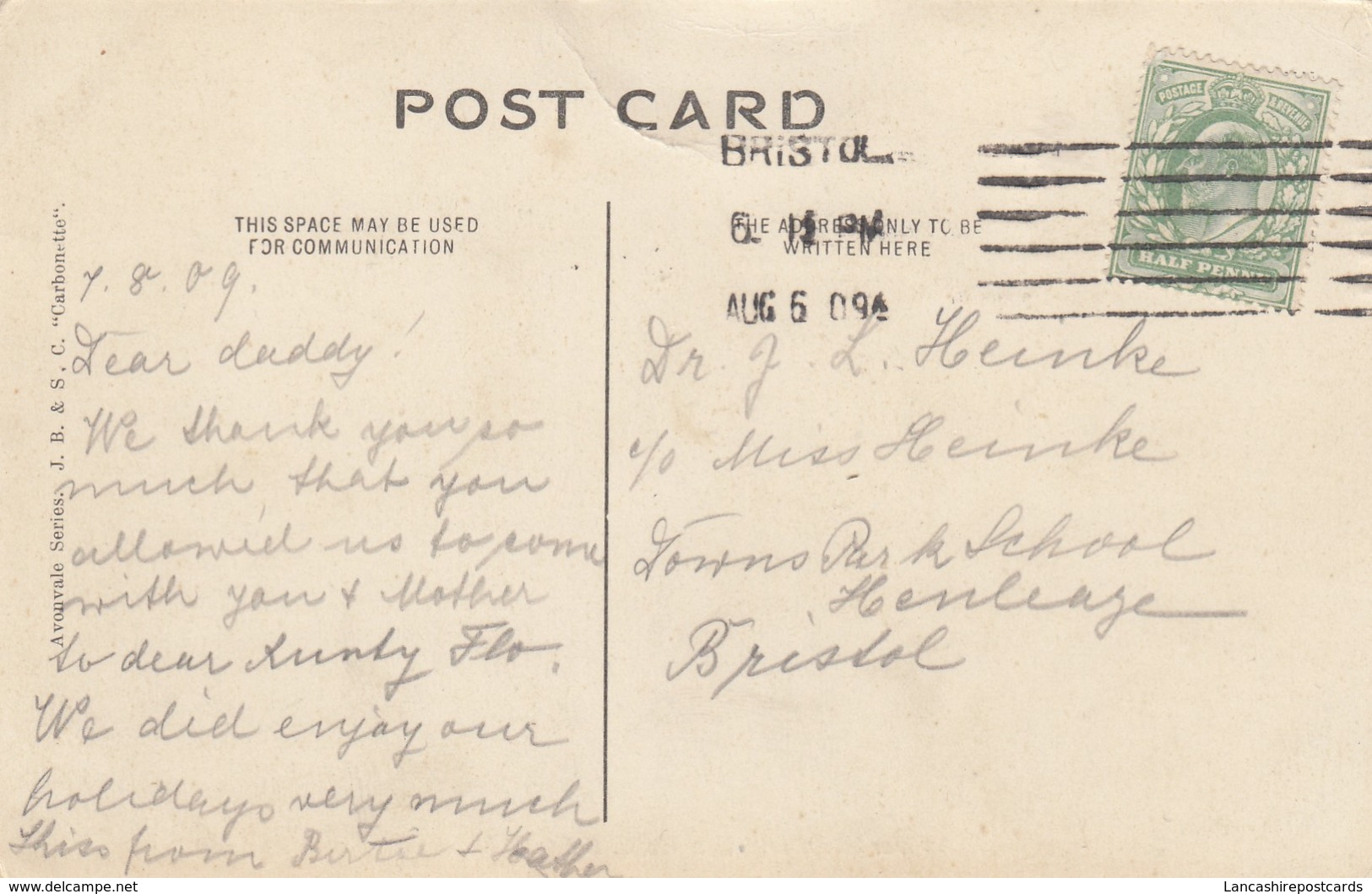 Postcard Genealogy Dr Heinke C/O Miss Heinke ? Park School Henleaze Bristol PU 1909 My Ref  B13204 - Genealogia