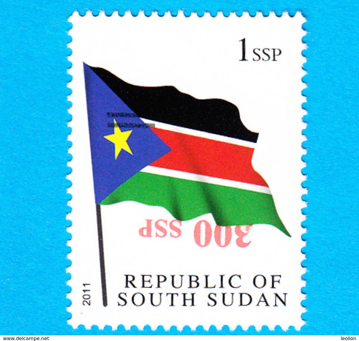 SOUTH SUDAN Surcharge Overprint ERROR  Inverted 300 SSP And Misplaced Bars On 1 SSP Flag Stamp Südsudan Soudan Du Sud - Sud-Soudan