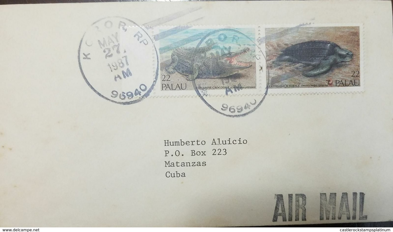 O) 1987 PALAU, REPTILES-CROCODILE-TURTLE, AIRMAIL TO CARIBE - Palau