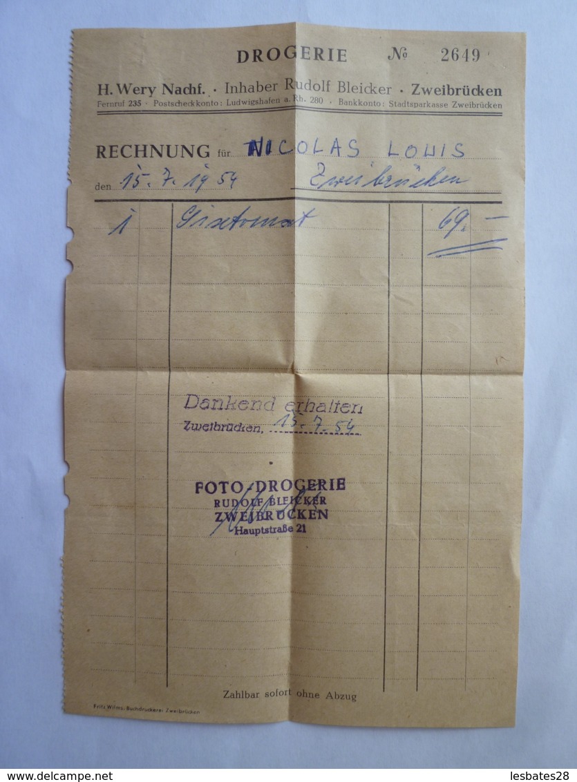 ALLEMEMAGNE   ZWEIBRUCKEN  DROGERIE  Facture  Objet ?  Cachet FOTO-DROGERIE  1954- 8  Mai 2019-clas Let - 1950 - ...