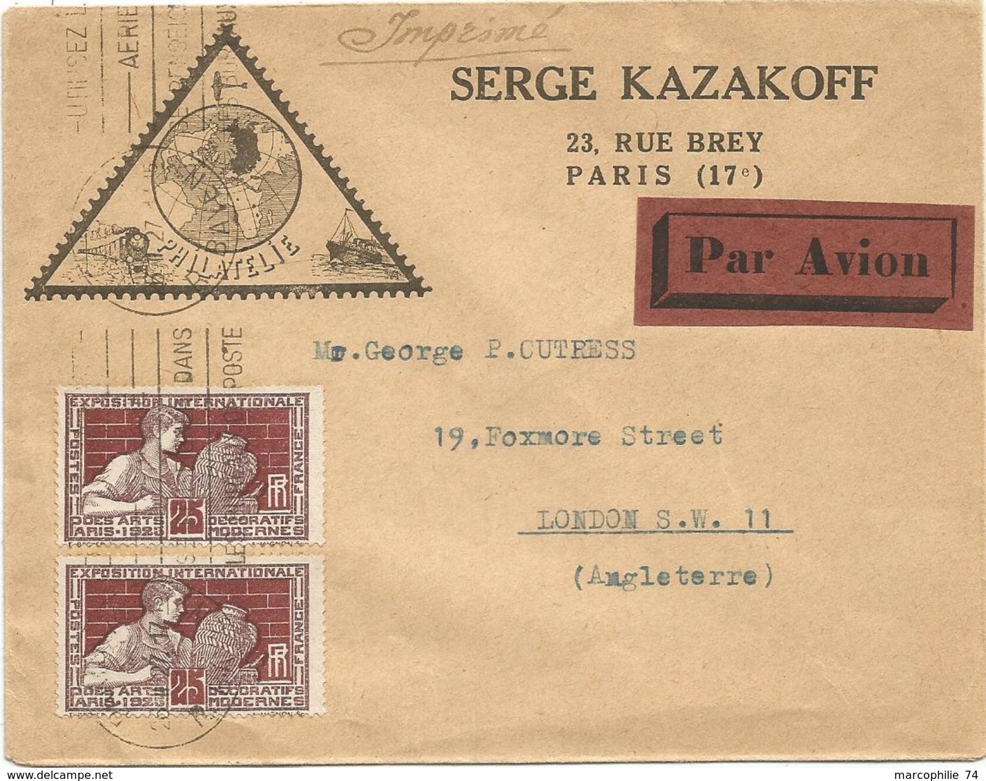 ARTS DECORATIFS 25C PAIRE LETTRE AVION PARIS 25.II.1927  POUR ANGLETERRE TARIF IMPRIME RARE - 1960-.... Lettres & Documents
