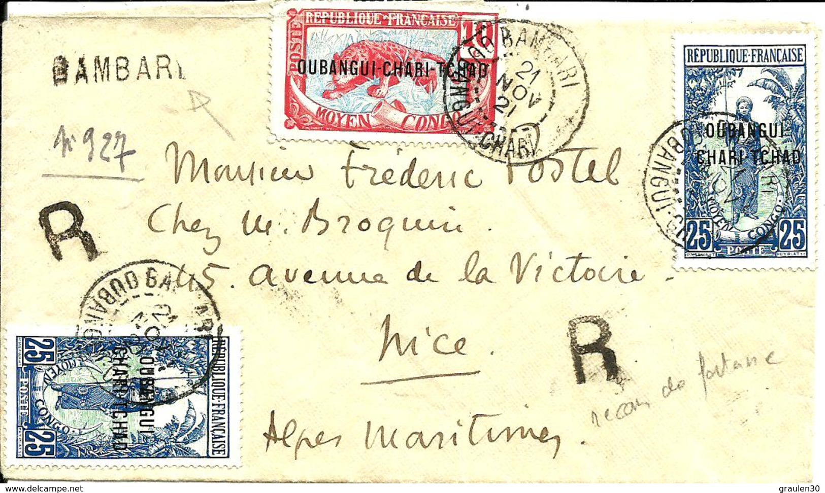 REC.(de Fortune)avec N° 5 Et N°8X2  De  BAMBARI Pour NICE - 1921 - - Covers & Documents