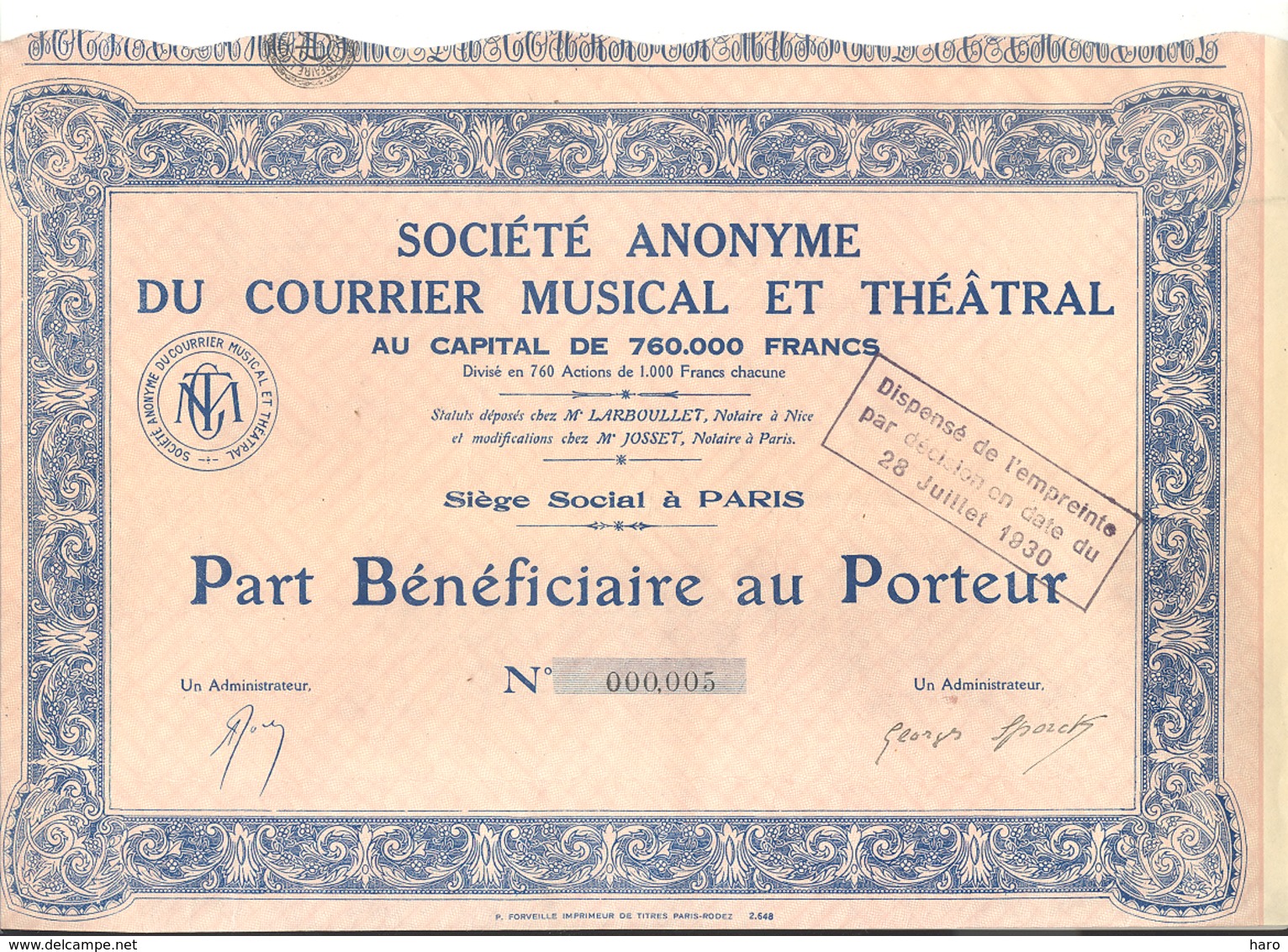 Actions / Titres - S A Du Courrier Musical Et Théâtral - Paris - Part Au Porteur 1925...1930 ? (b250) - S - V