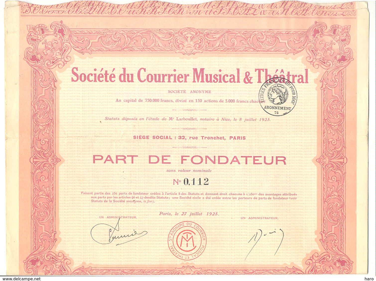 Actions / Titres - S A Du Courrier Musical Et Théâtral - Paris - Part De Fondateur 1925.(b250) - S - V