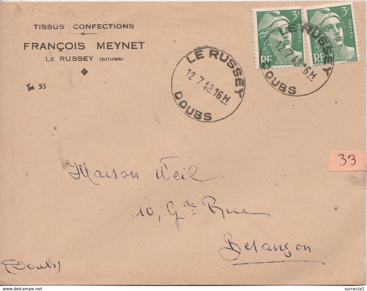 N°33 - 1948 / Enveloppe Commerciale MEYNET Confection / Le Russey / CAD Horoplan Le Russey/ 25 Doubs - 1921-1960: Période Moderne