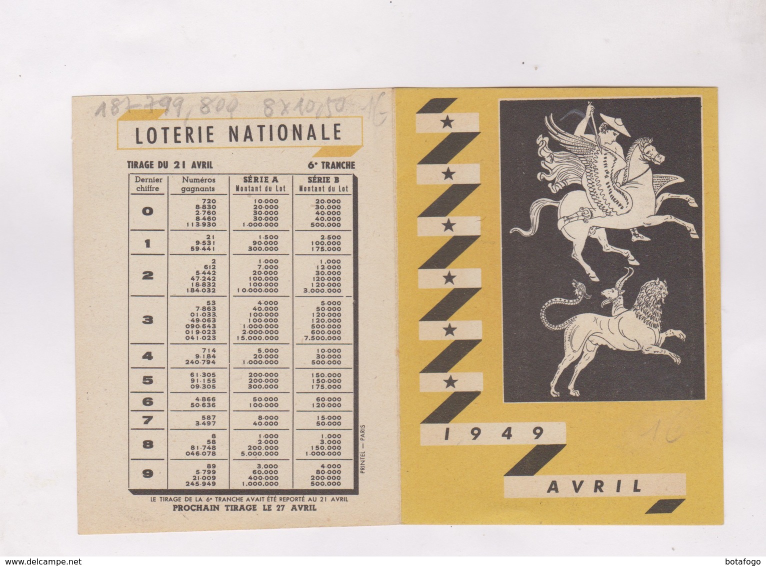 PETIT CALENDRIER 1949 MOIS D AVRIL , LOTERIE NATIONALE (en 2 Volets) - Petit Format : 1941-60