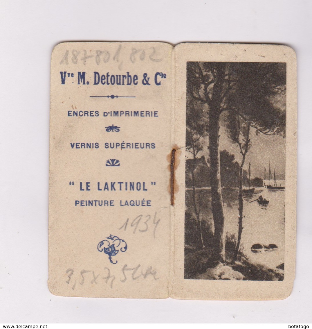 MINI PETIT CALENDRIER  1934 , PUB PEINTURES DETOURBE - Petit Format : 1921-40
