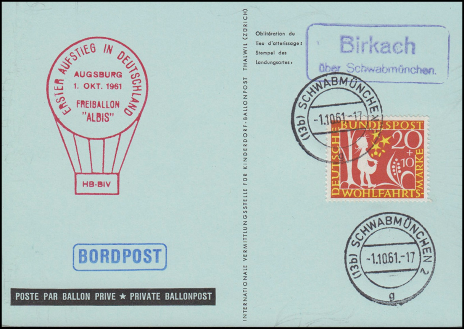 1. Aufstieg Freiballon ALBIS Ausgburg 1.10.1961 AK Birkach über Schwabmünchen - Sonstige (Luft)