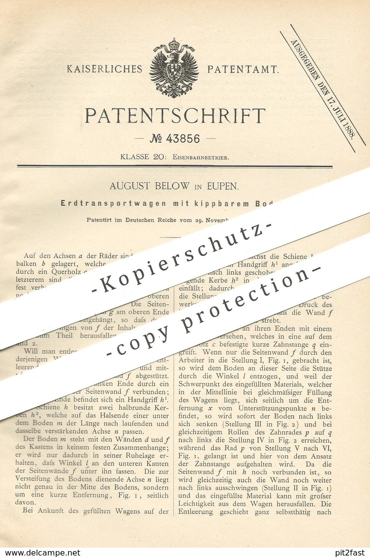 Original Patent - August Below , Eupen , 1887 , Erdtransportwagen | Wagon | Eisenbahn , Eisenbahnen , Lokomotive - Historische Dokumente
