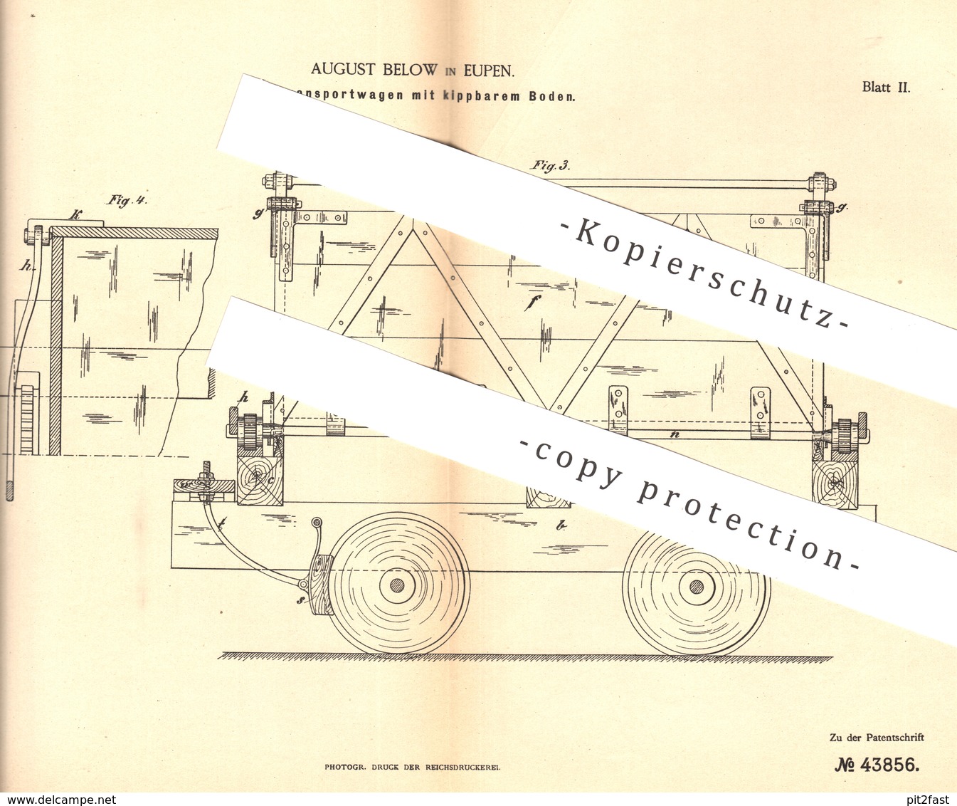 Original Patent - August Below , Eupen , 1887 , Erdtransportwagen | Wagon | Eisenbahn , Eisenbahnen , Lokomotive - Historische Dokumente