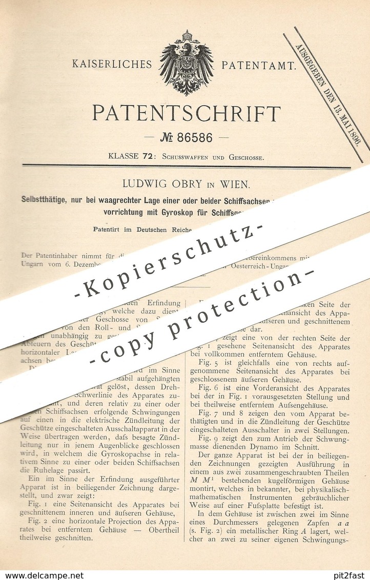 Original Patent - Ludwig Obry , Wien , Österreich 1895 , Abfeuerung Mit Gyroskop Für Schiffsgeschütz | Waffen , Geschütz - Historische Dokumente