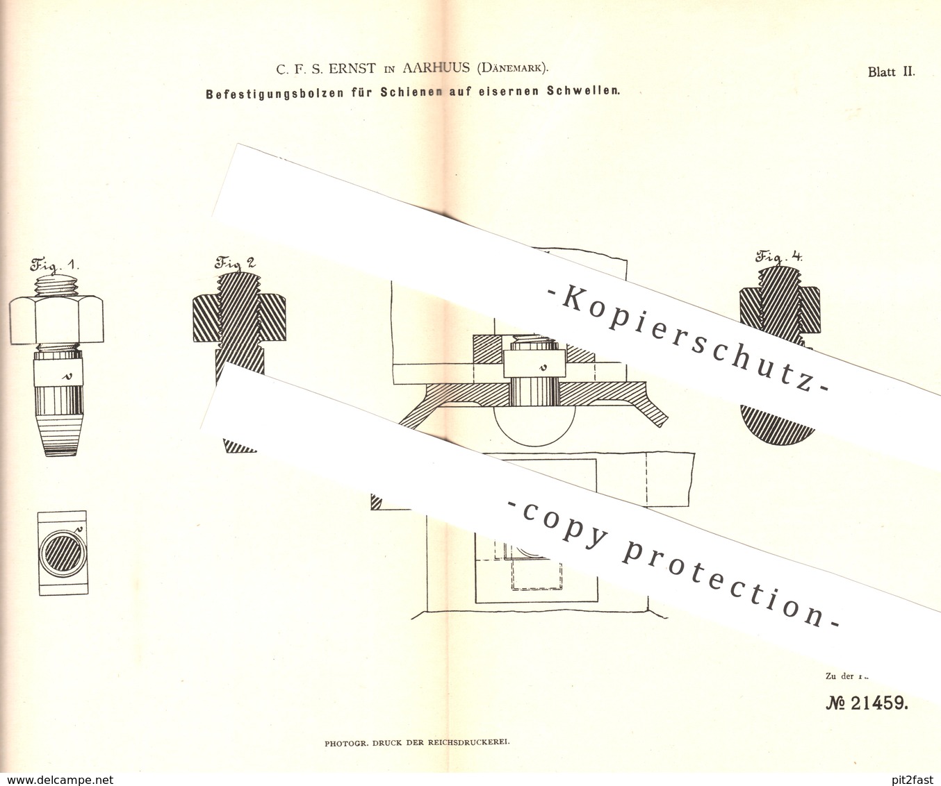 Original Patent - C. F. S. Ernst , Aarhuus , Dänemark , 1882 , Bolzen Für Schienen Auf Eisernen Schwellen | Eisenbahn !! - Historische Dokumente