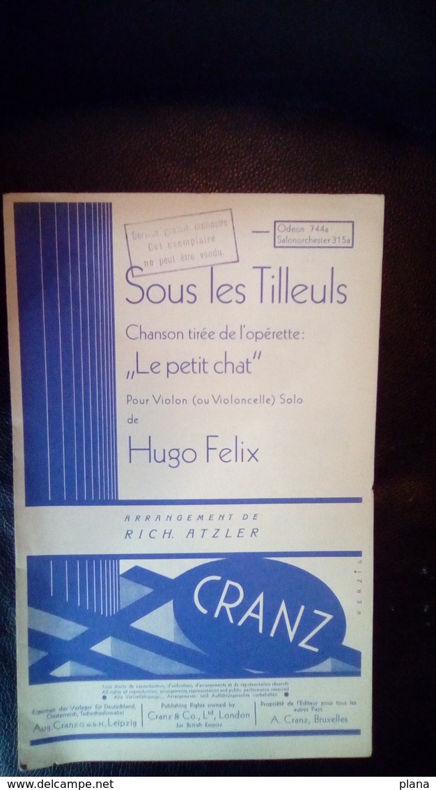 Partition Sous Les Tilleuls Pour Violon Ou Violoncelle 1935 - Partitions Musicales Anciennes