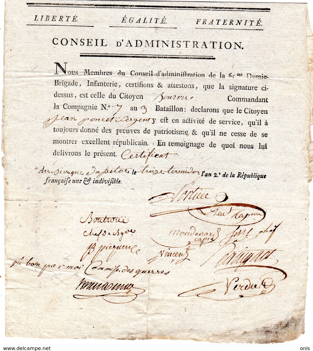 Loudun (86) Armée Du Rhin ; 13 Thermidor An 2 ; Jean Poncet : 2 Certificats ;nombreuses Signatures - Historical Documents