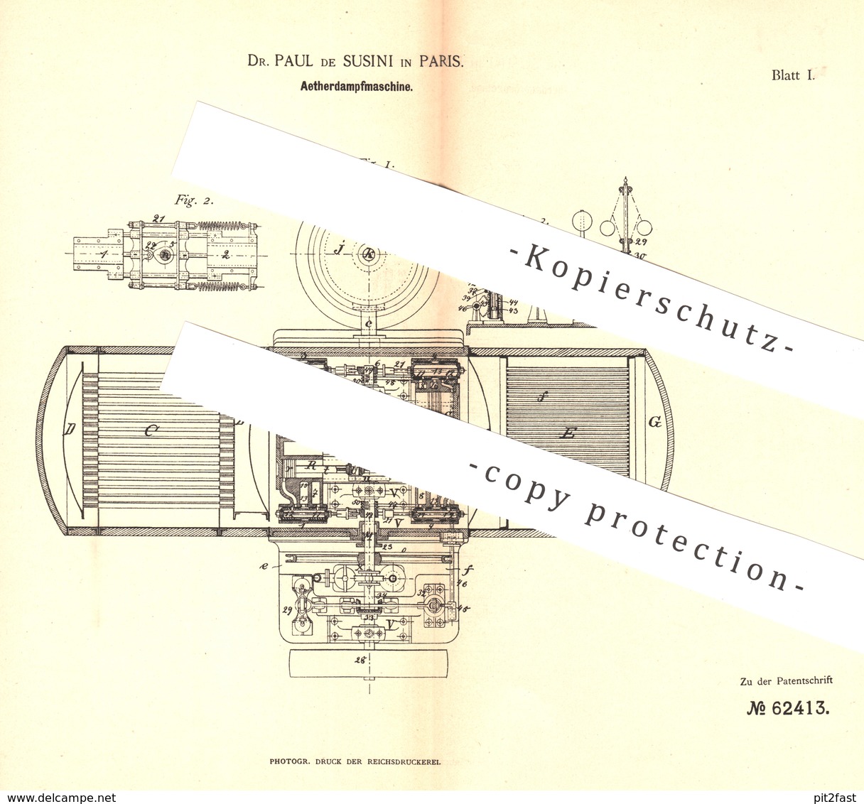 Original Patent - Dr. Paul De Susini , Paris , Frankreich , 1891 , Aetherdampfmaschine | Aether - Dampfmaschine | Motor - Historische Documenten