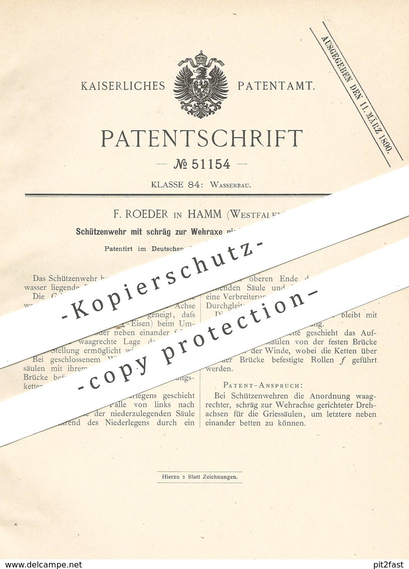 Original Patent - F. Roeder , Hamm , Westfalen , 1889 ,  Schützenwehr | Wehr , Wasserwehr , Wasserbau , Schleuse !! - Historische Dokumente