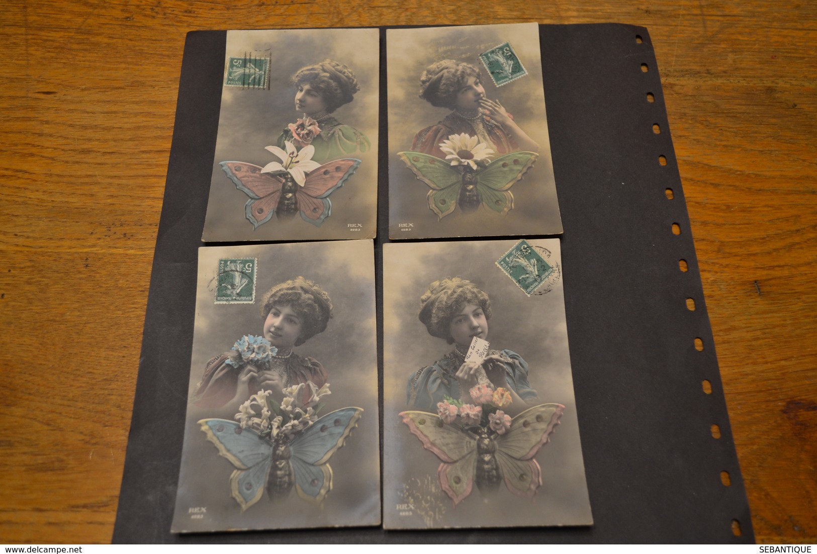 Carte Postale 1913 Femme Papillon Et Fleurs Série REX 4 Cartes - Femmes