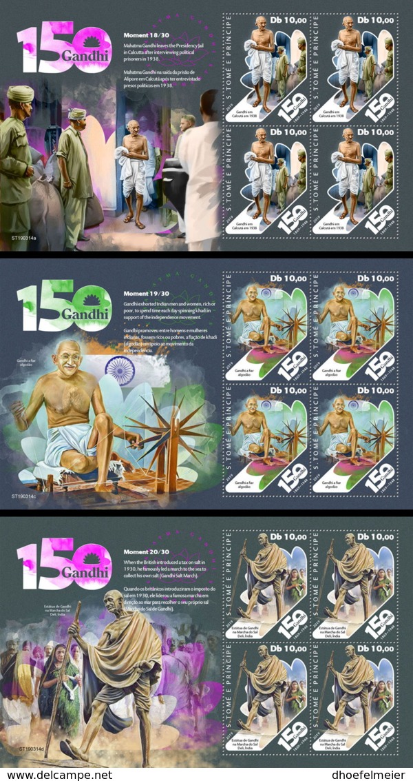 SAO TOME 2019 MNH Mahatma Gandhi Moments (No.18-20) 3M/S - OFFICIAL ISSUE - DH1917 - Mahatma Gandhi