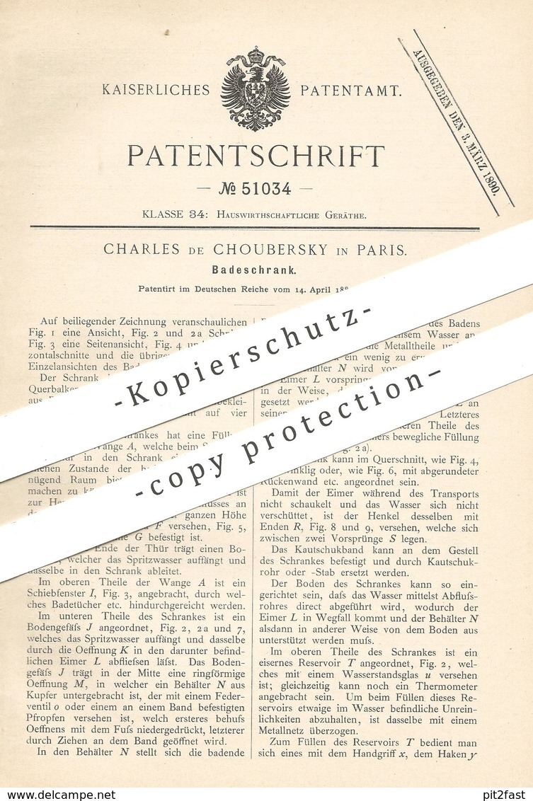 Original Patent - Charles De Choubersky , Paris , Frankreich , 1889 , Badeschrank | Schrank | Dusche , Toilette , WC !! - Historische Dokumente