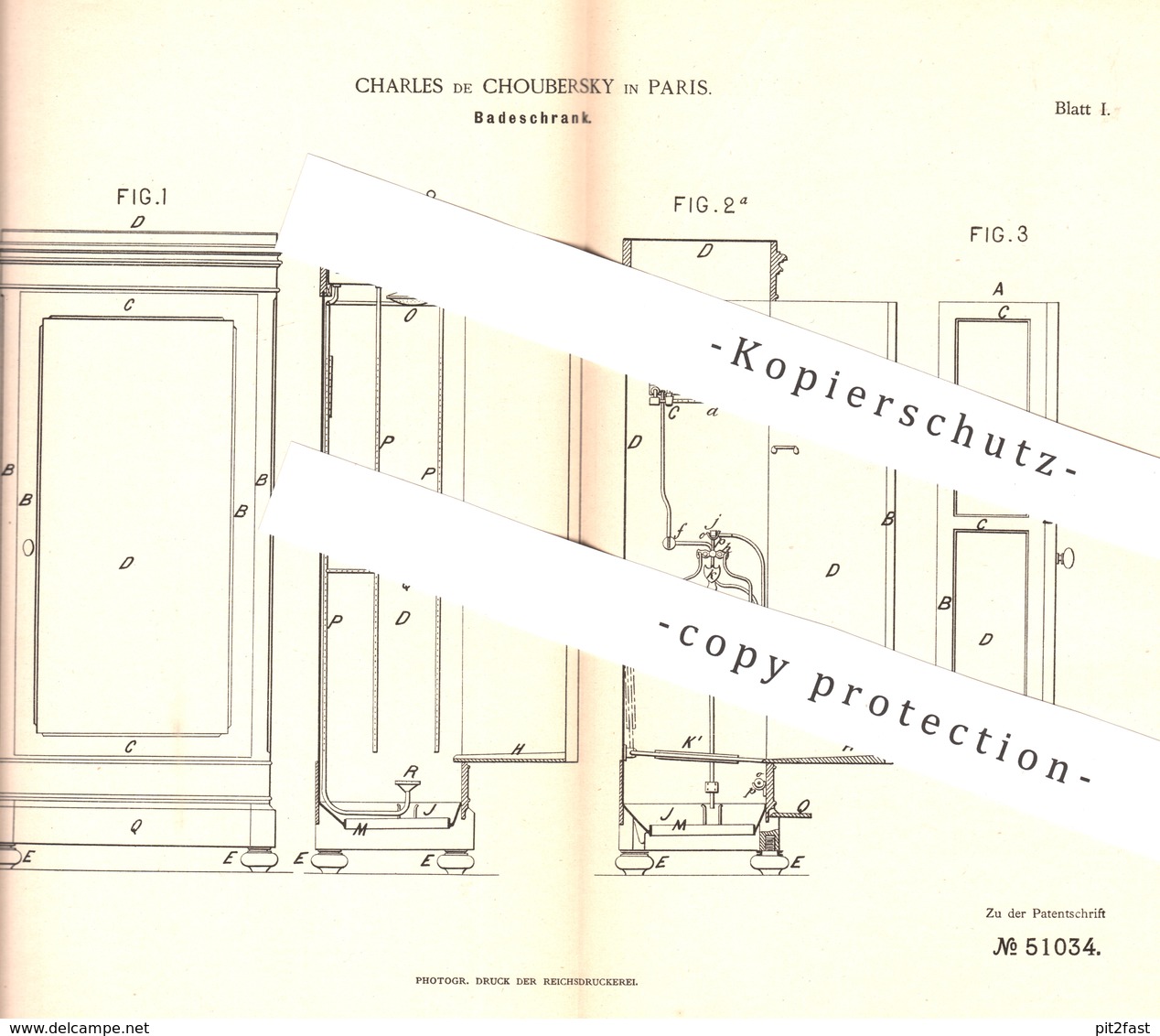 Original Patent - Charles De Choubersky , Paris , Frankreich , 1889 , Badeschrank | Schrank | Dusche , Toilette , WC !! - Historische Dokumente