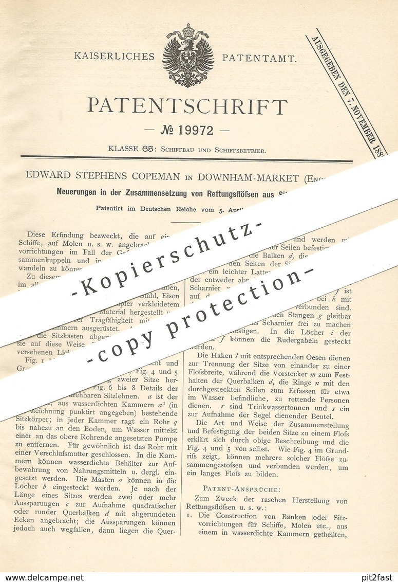 Original Patent - Edward Stephens Copeman , Downham Market , England , 1882 , Rettungsfloß Aus Sitzbänken | Floss , Floß - Historische Dokumente