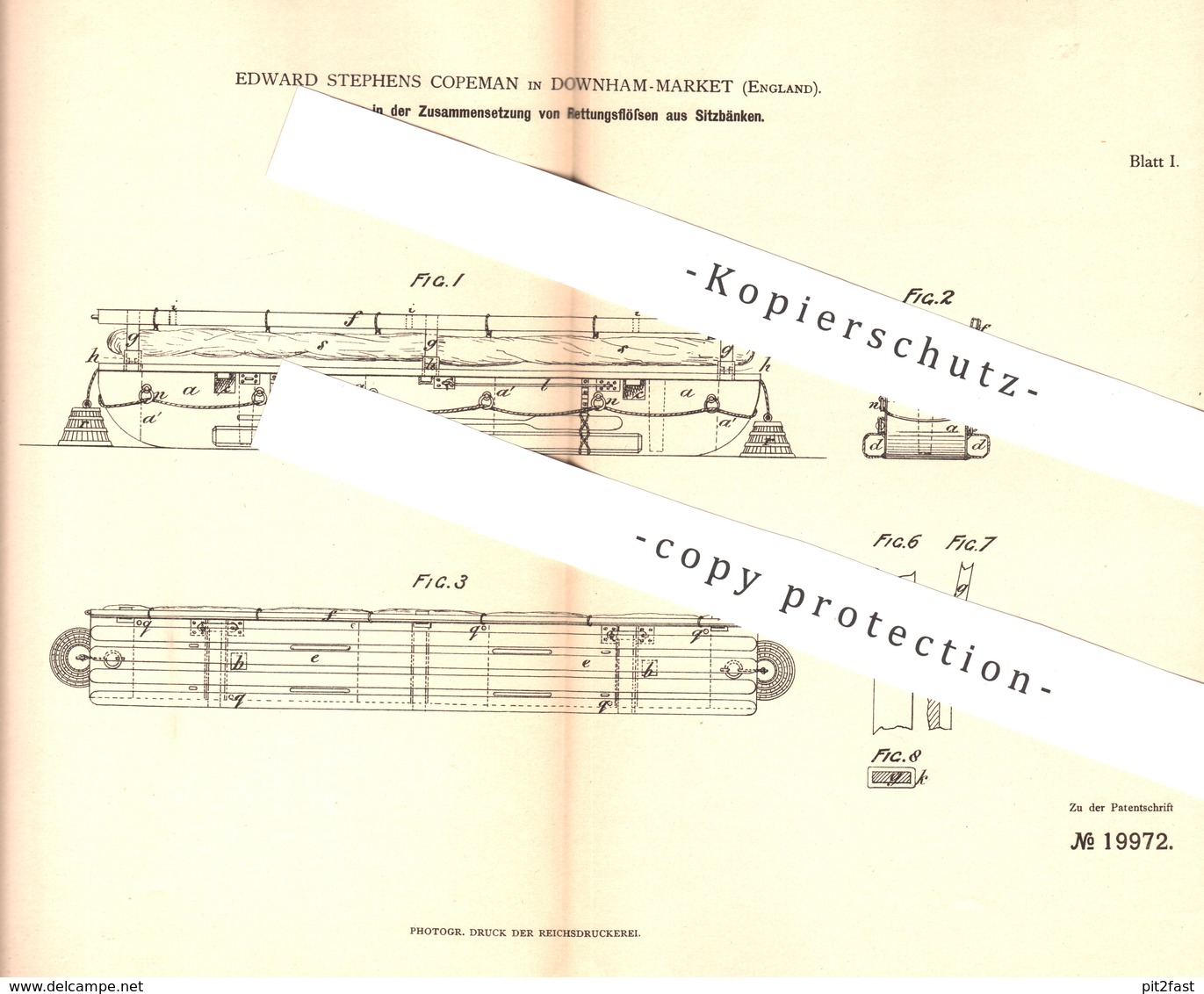 Original Patent - Edward Stephens Copeman , Downham Market , England , 1882 , Rettungsfloß Aus Sitzbänken | Floss , Floß - Historische Dokumente