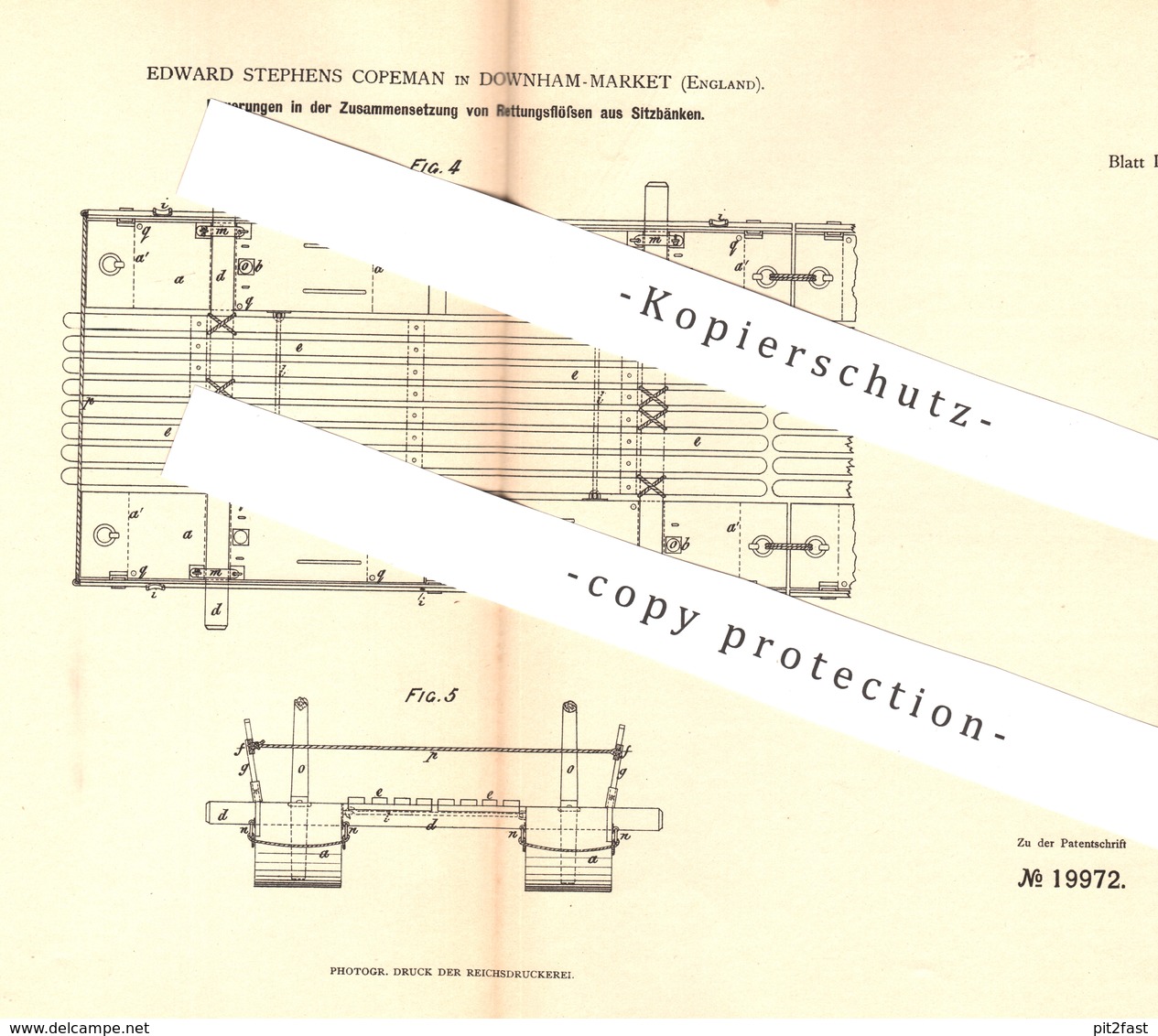 Original Patent - Edward Stephens Copeman , Downham Market , England , 1882 , Rettungsfloß Aus Sitzbänken | Floss , Floß - Historische Dokumente