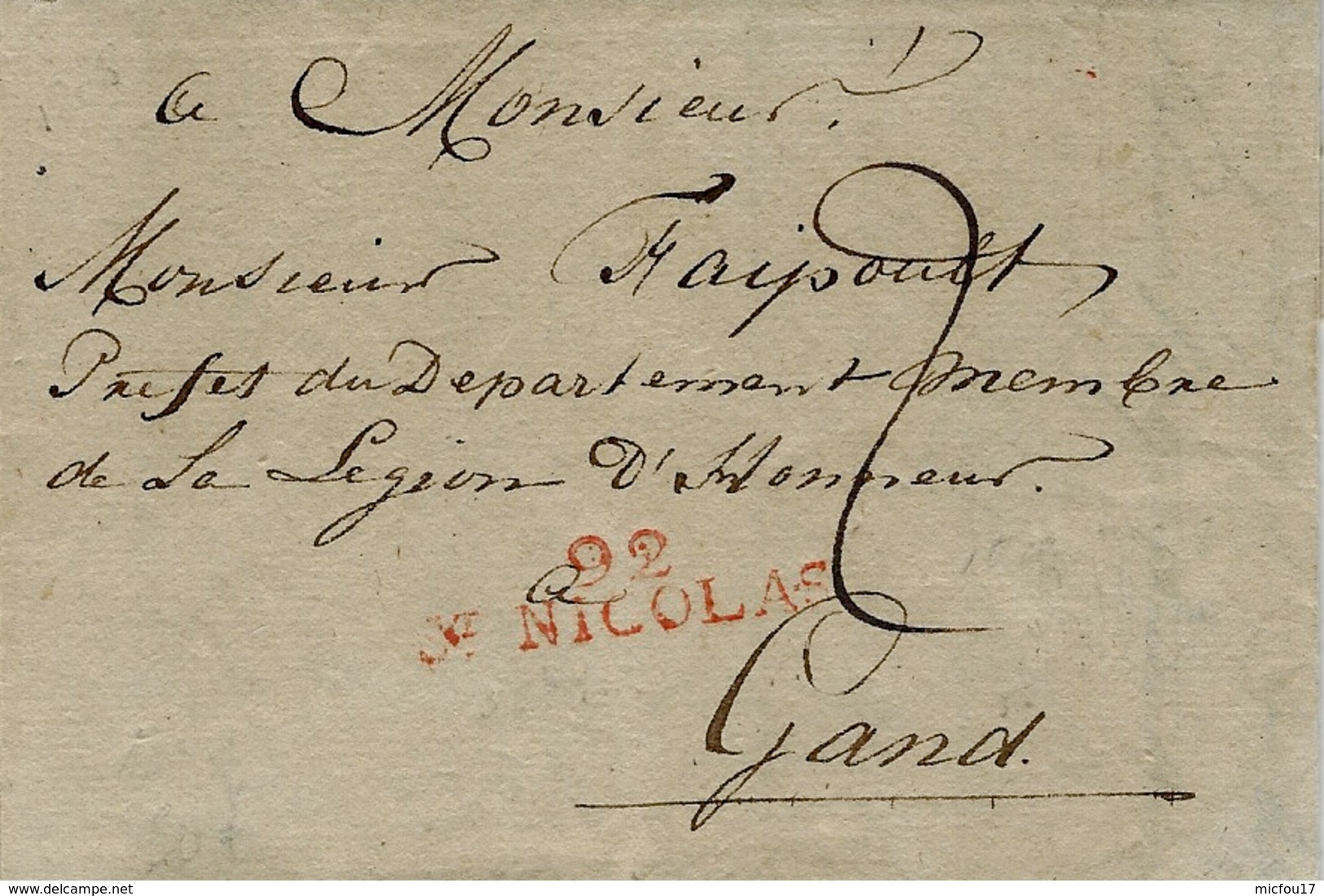 1808 - Letter From 92 / St NICOLAS ( L'Escaut ) 35 Mm Red To Gand - 1794-1814 (Periodo Frances)