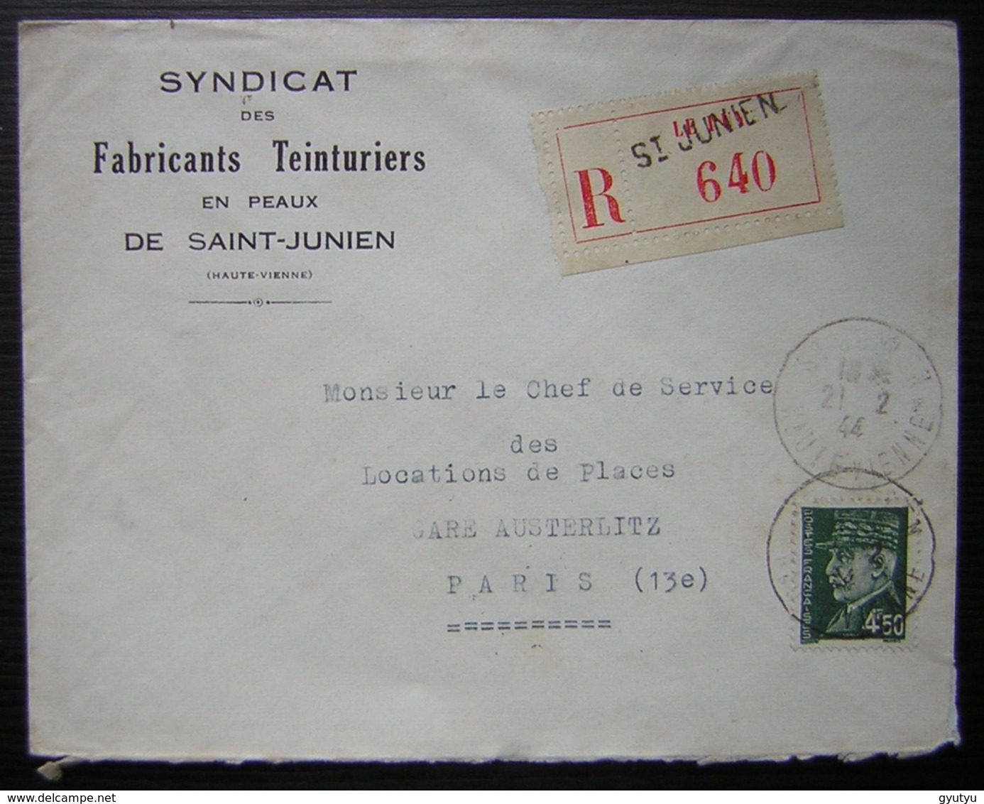 Saint Junien 1944 (Haute Vienne) Syndicat Des Fabricants Teinturiers En Peaux, Lettre Recommandée - 1921-1960: Période Moderne