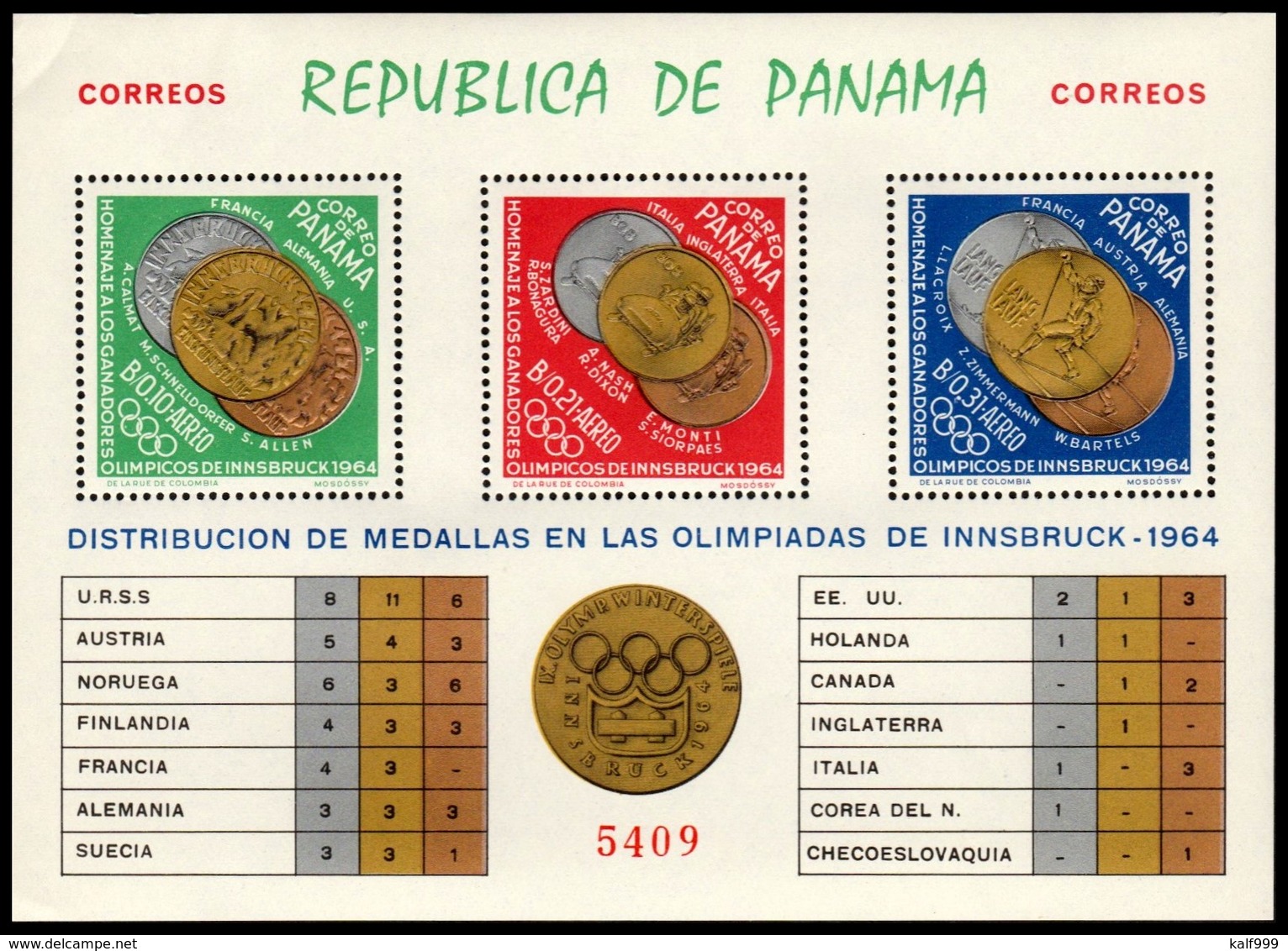 ~~~ Panama 1964 - Olympic Games Innsbruck Gold Medals Good Block - Mi. Block 28 A ** MNH OG ~~~ - Panama