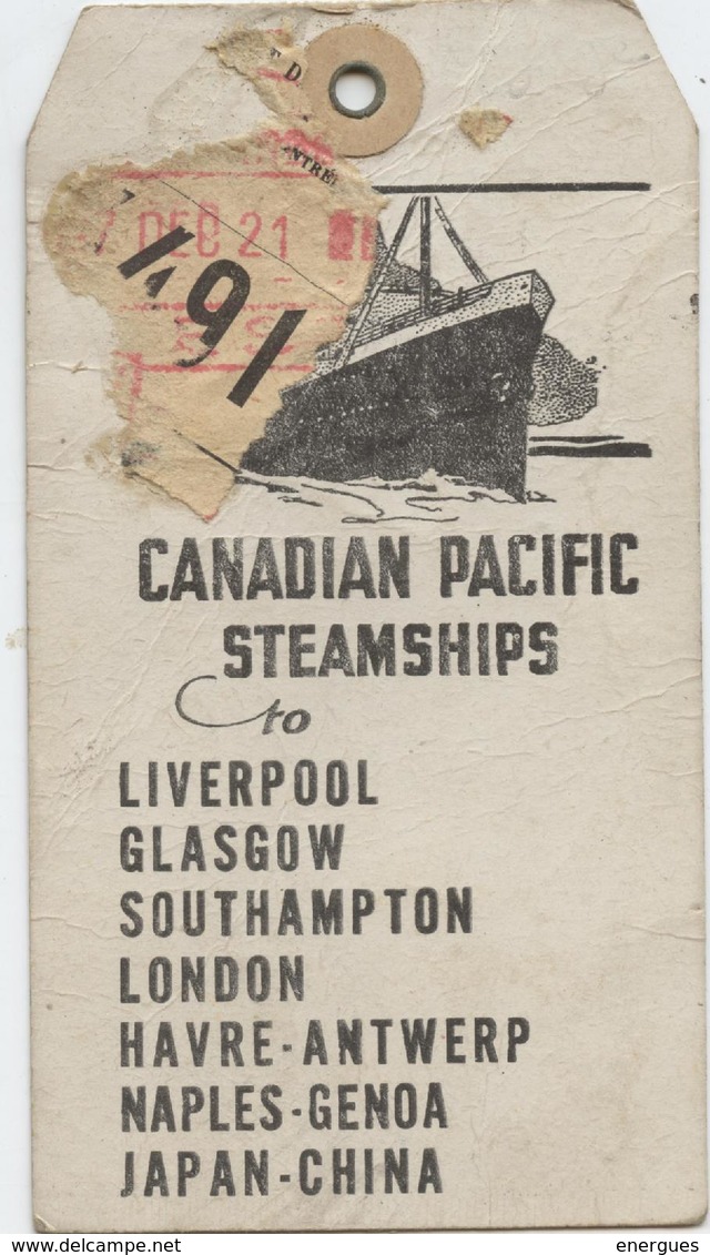 Bagages, étiquette, Canadian Pacific, Trans Aliantic, Steamships,Liverpool,London, Havre, Samson, Saintes, 1921 - Altri & Non Classificati