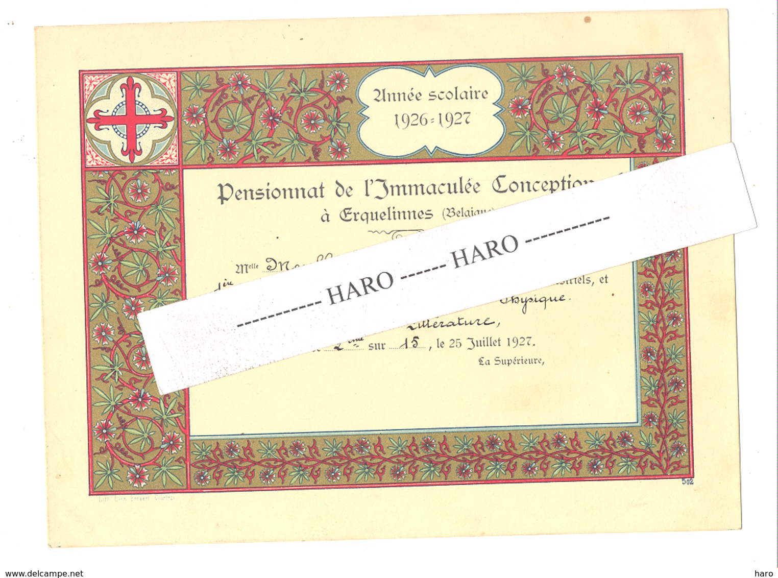 ERQUELINES - Pensionnat De L'Immaculée Conception - Diplôme Année Scolaire 1926/1927 (18 X 24 Cm) - (b250) - Diplômes & Bulletins Scolaires