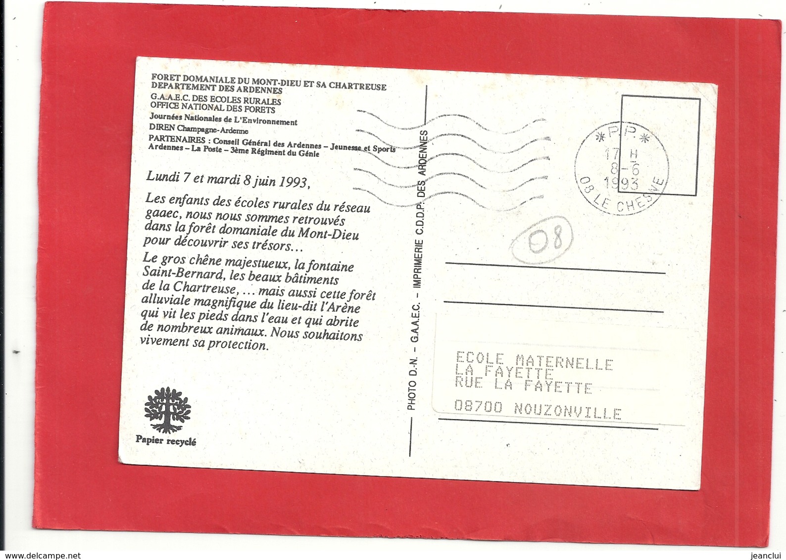 CPM. CARTE INVITATION GAAEC DES ECOLES RURALES OFFICE NATIONAL DES FORETS DU 7-8-JUIN 1993 . 2 SCANES - Autres & Non Classés