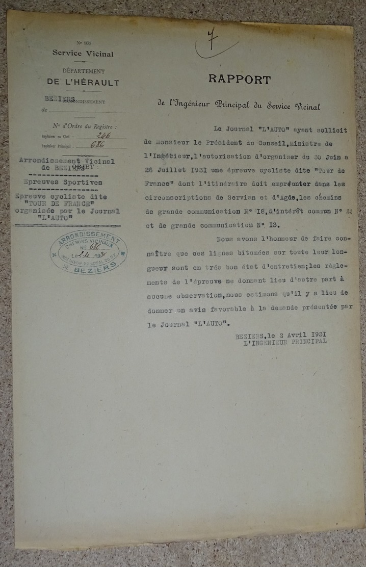 Rapport Vicinal De L'hérault - 1931 Avis Favorable à La Demande Du Journal "l'auto" Pour Tour De France Cycliste - Other & Unclassified