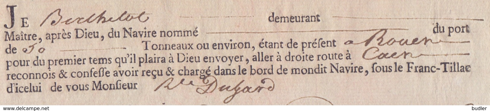 FRANCE :10/03/1785: Cognossement Pour Le Transport Par Navire à Voile / For The Transport By Sailing Ship  De / From - ... - 1799