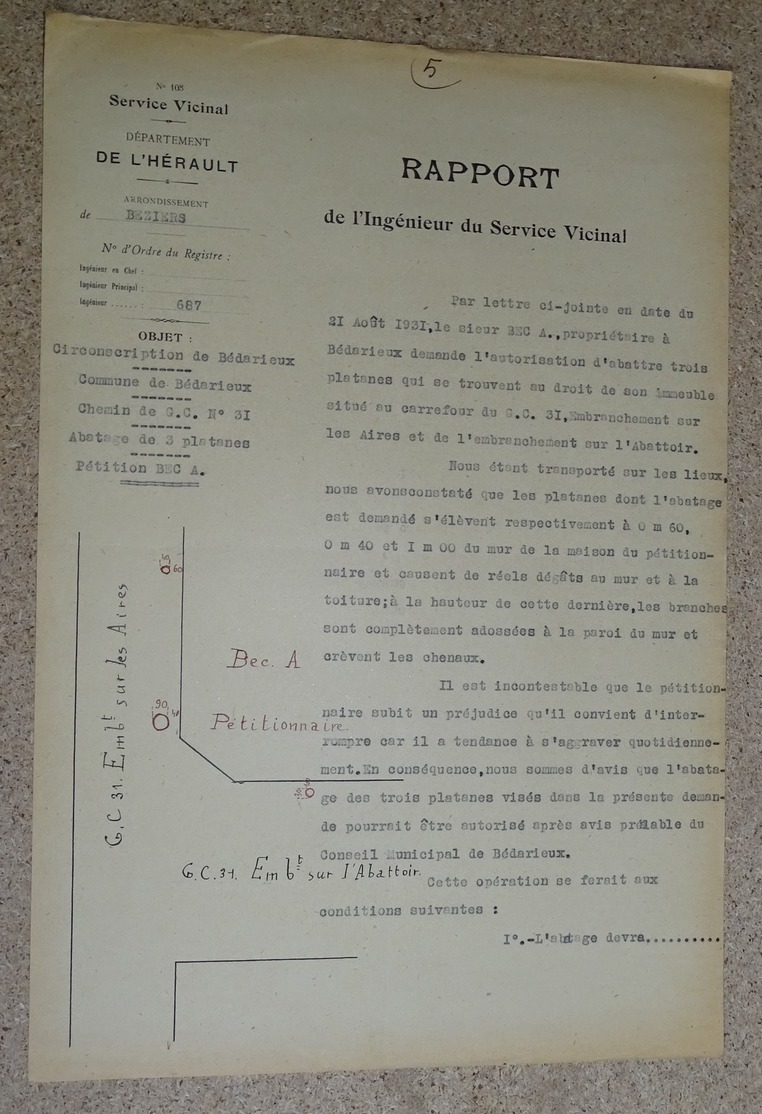 Rapport Vicinal De L'hérault - 1931 - Béziers - Bédarieux - Abatage D'arbres Demandé Par Le Sieur Bec A Barthez - Autres & Non Classés